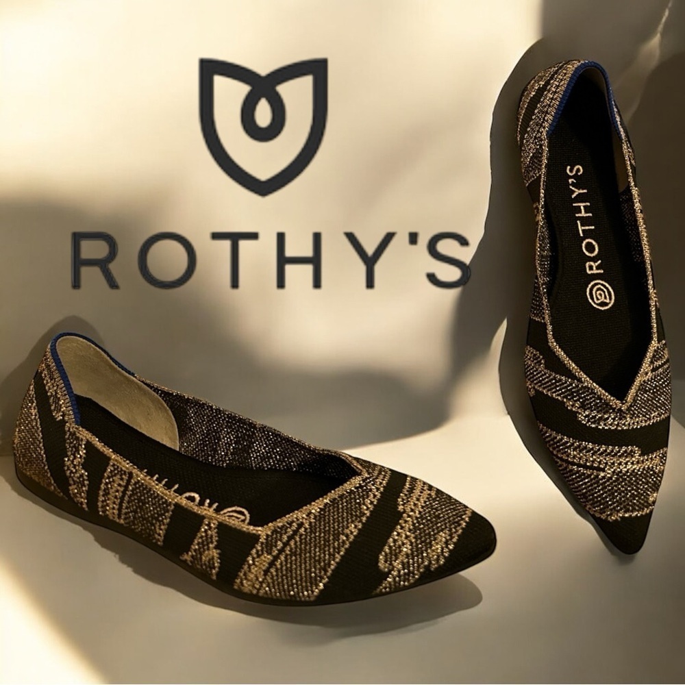 Rothy’s Golden Shimmer Gold Black Pointed Toe Ballet Evening Career Elegant Flat - Picture 3 of 11